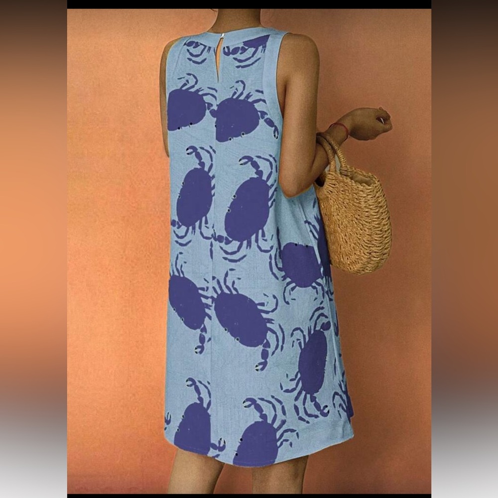 Blue Crab Print Sleeveless Shift Dress with Button Neck Large - Picture 2 of 8